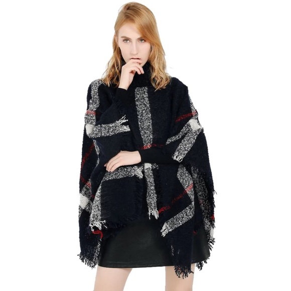 ❣️SALE❣️NEW!Plaid poncho turtleneck gray-brown plaid - Picture 9 of 14